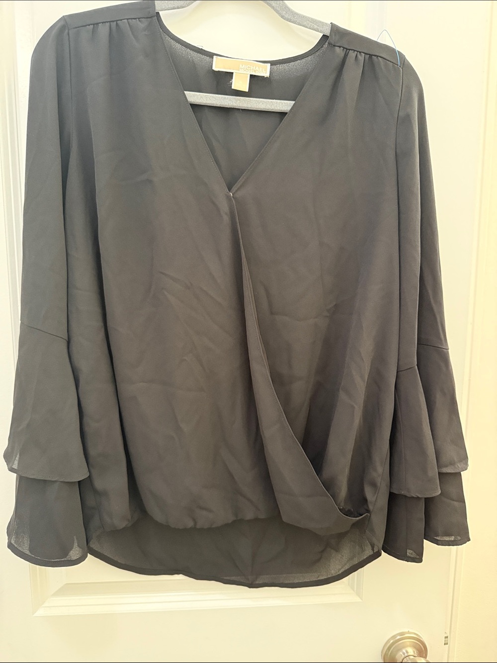 MICHAEL Michael Kors Black V-Neck Draped Bell Sleeve Blouse